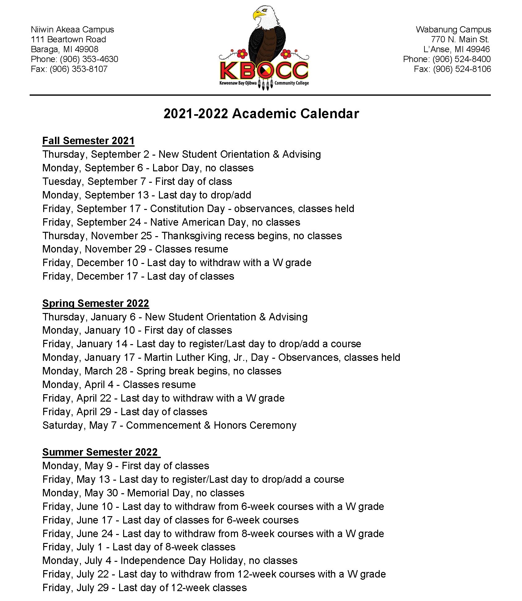 Occ Academic Calendar Spring 2022 Academic Calendar – Keweenaw Bay Ojibwa Community College