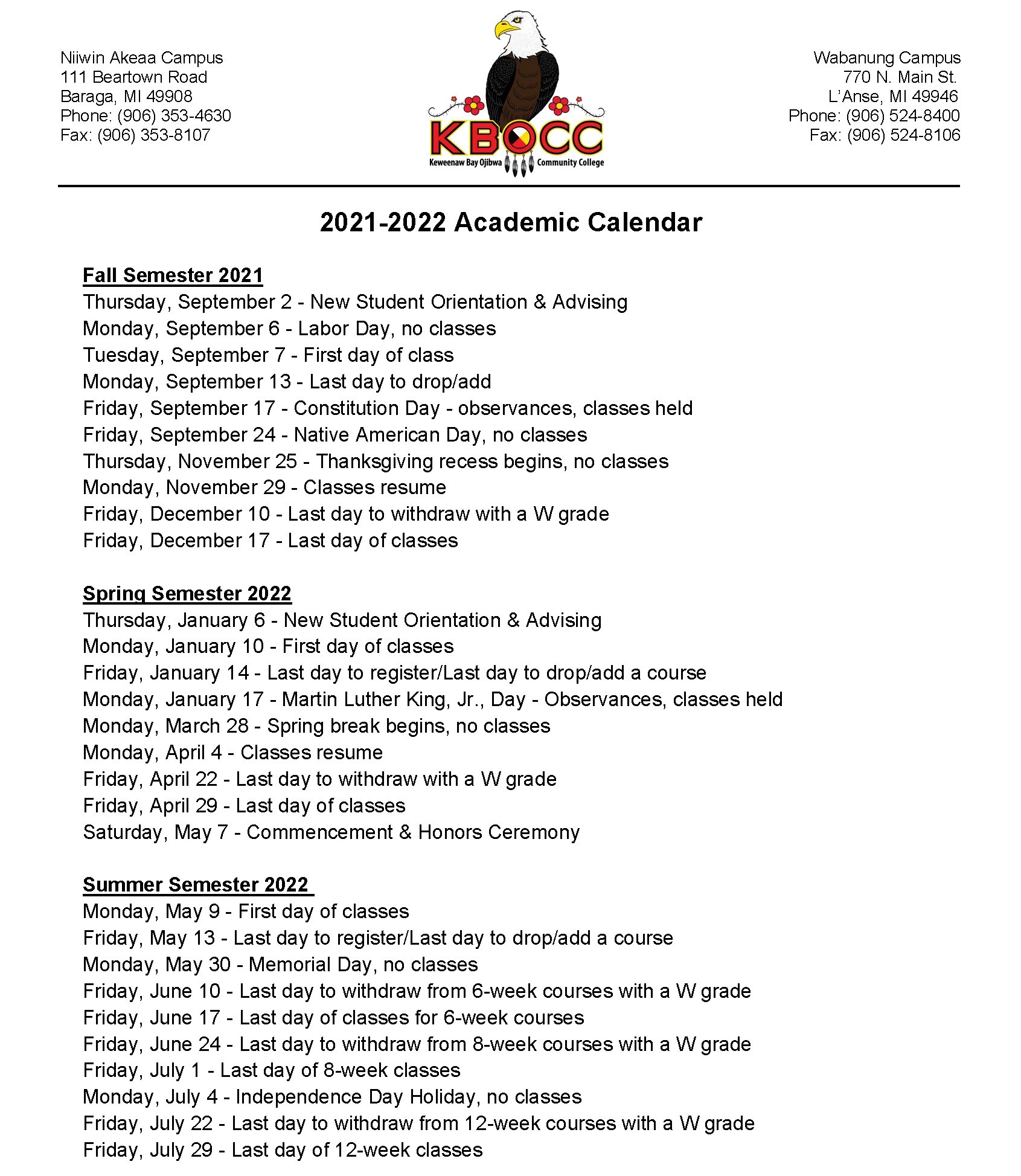 Academic Calendar – Keweenaw Bay Ojibwa Community College