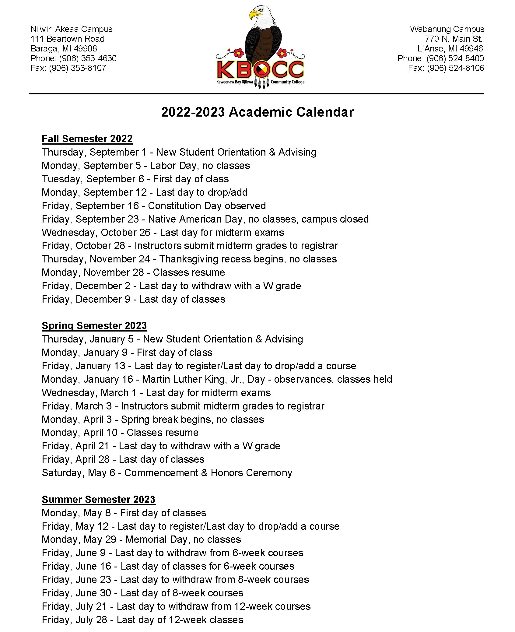 Occ Academic Calendar Spring 2023 Academic Calendar – Keweenaw Bay Ojibwa Community College