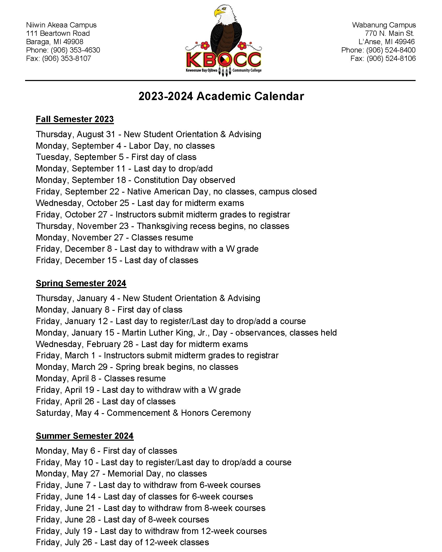 Occ Academic Calendar Spring 2023 Academic Calendar – Keweenaw Bay Ojibwa Community College