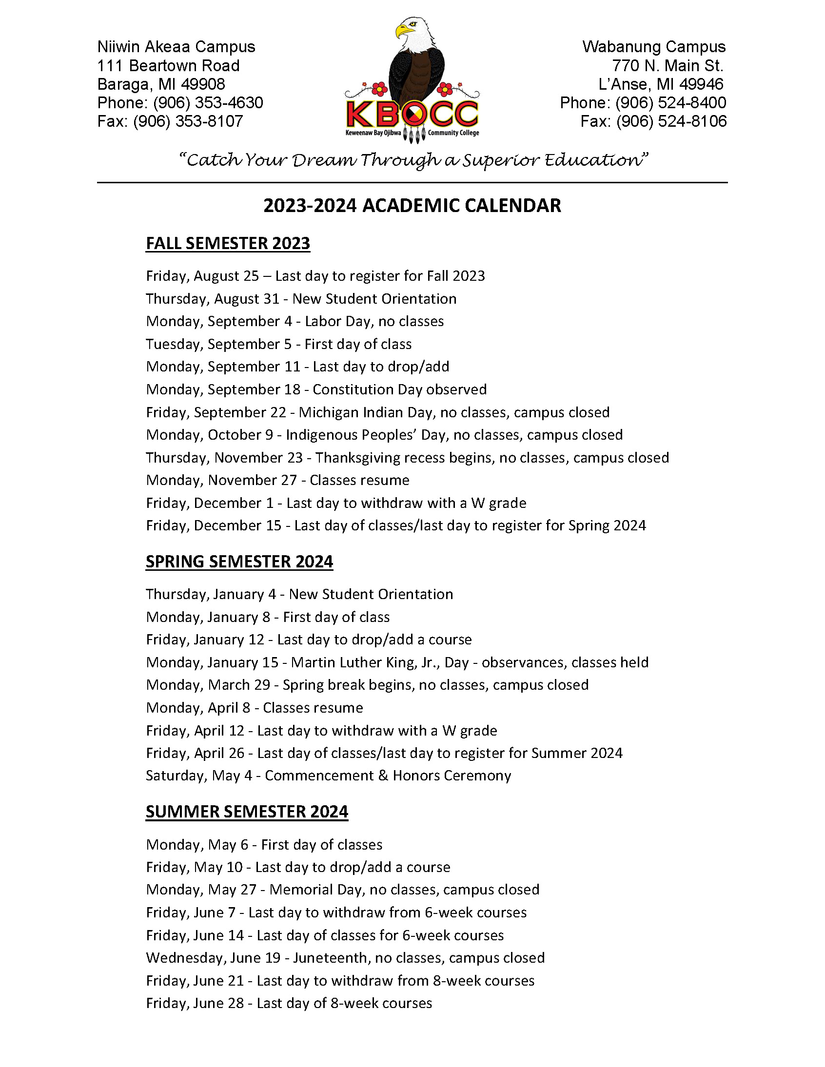 Academic Calendar Keweenaw Bay Ojibwa Community College